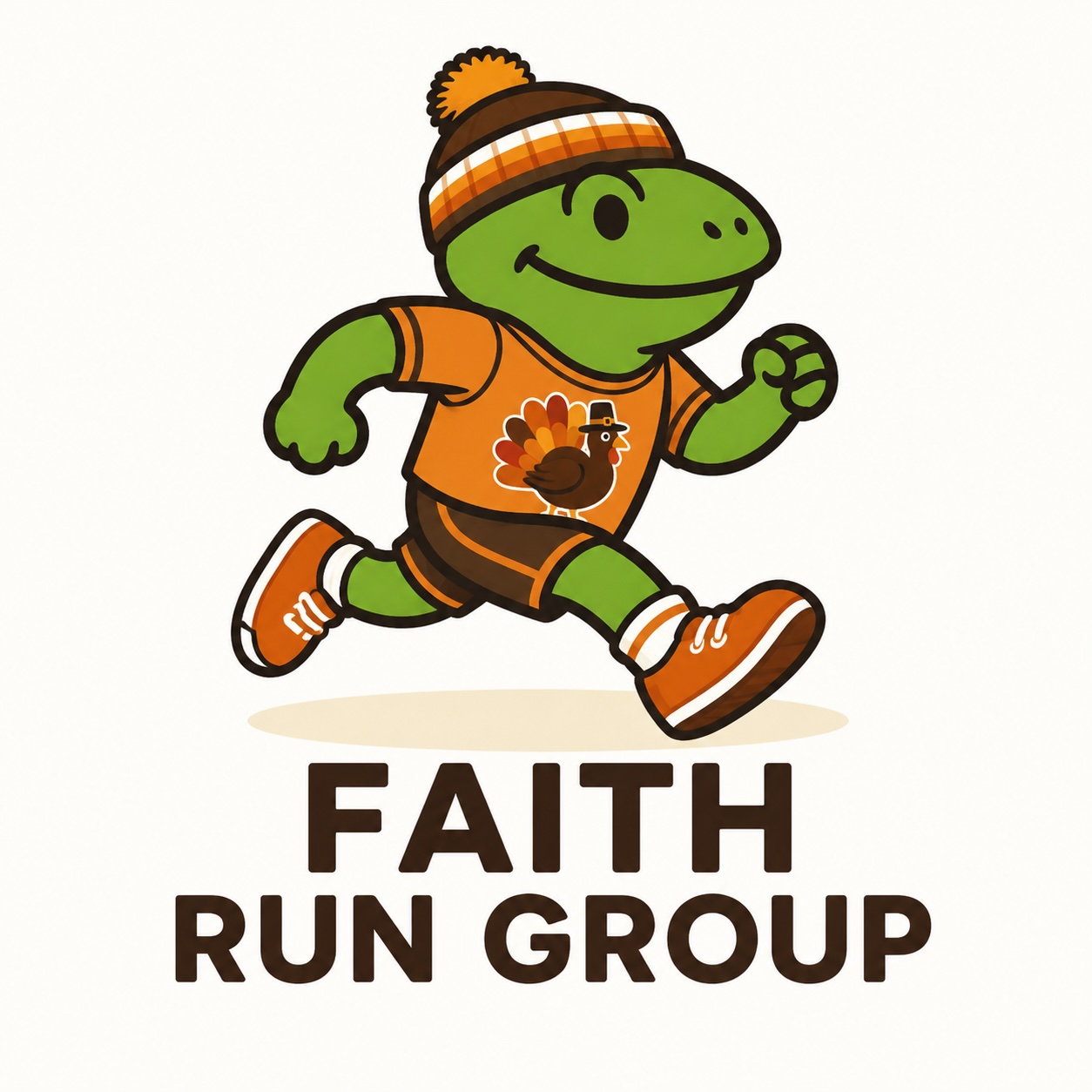 FAITH Run Group mascot — a frog in a turkey T-shirt and knit cap, running